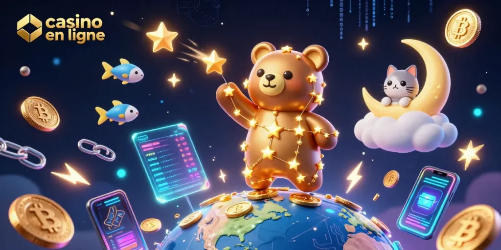 Découvrez l'animation captivante d'un casino en ligne avec des éléments de crypto-monnaie et des ours.