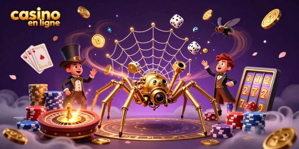 une illustration de casino en ligne dynamique avec une araignée steampunk en or et des éléments de jeu captivants
