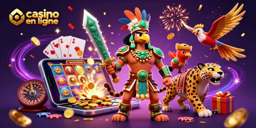 Casino en ligne : célébration avec guerrier aztèque, jaguar et smartphones dimmensionnels
