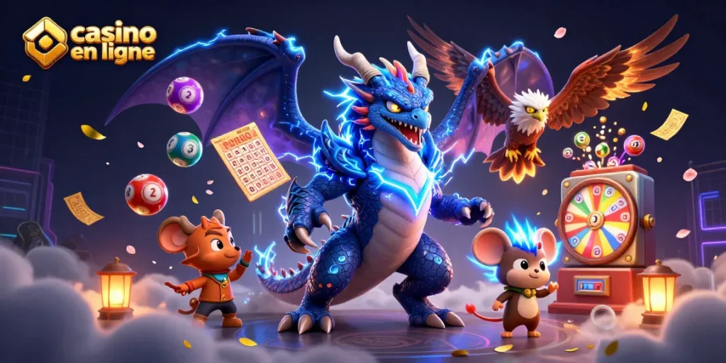 Admirez ce dragon dynamique et ses alliés dans un casino en ligne riche en jeux.