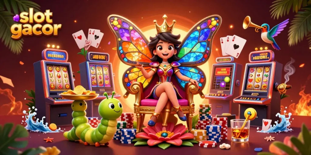Engage with slot gacor games featuring vibrant characters and casino elements in a dynamic illustration.
