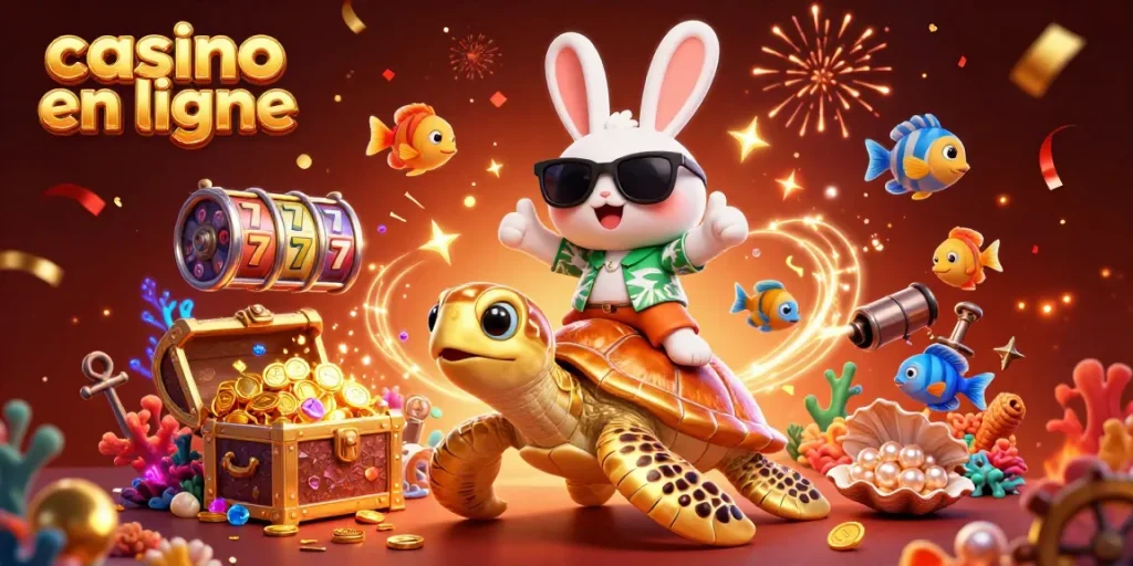 Illustration du casino en ligne mettant en scène un lapin 3D chanceux et une tortue dorée.