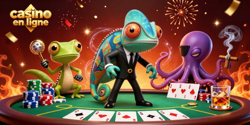 Jouez aux jeux de casino en ligne avec des personnages vibrants dans une scène dynamique.