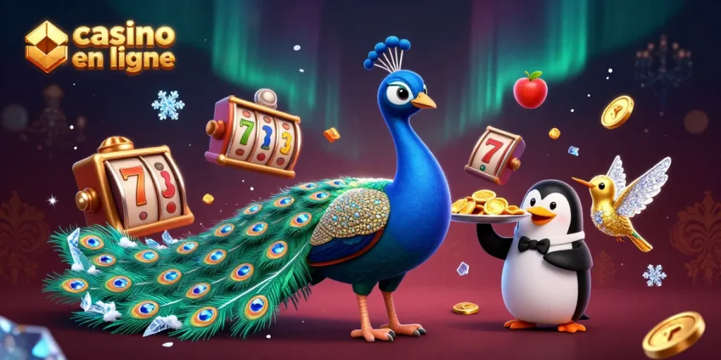 Jouez aux machines à sous dans un casino en ligne avec un paon aristocratique et un pingouin serveur.