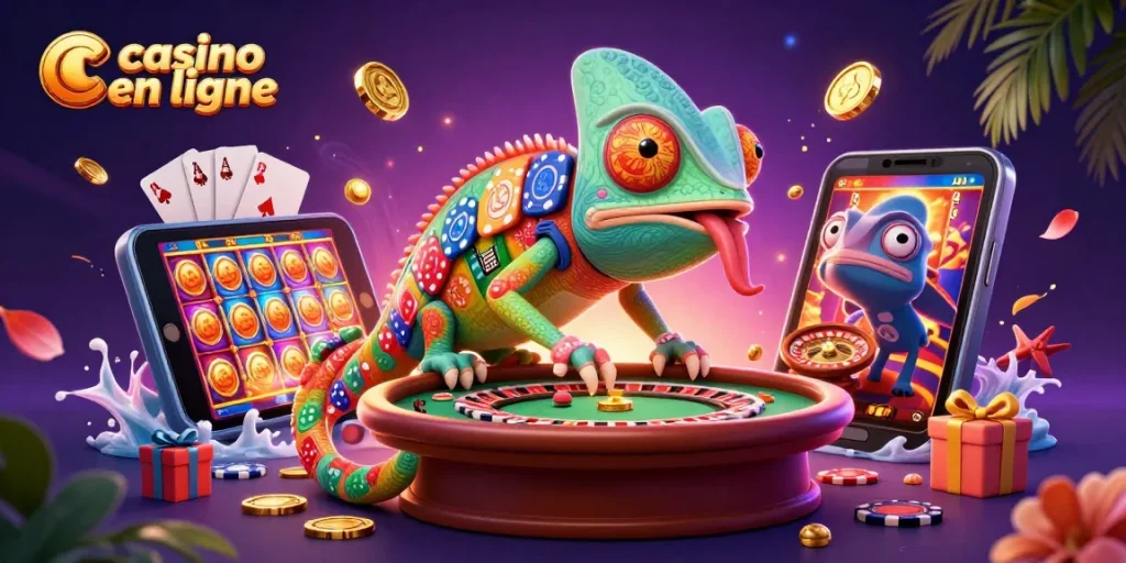 Jouer aux jeux de casino en ligne avec un chameleon cartoon et une atmosphère festive.