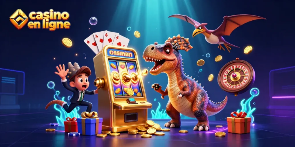 Le jeu d'argent en ligne s'anime avec un pachycéphalosaure frappant une machine à sous dorée tandis qu'un ankylosaure paniqué agite sa queue.