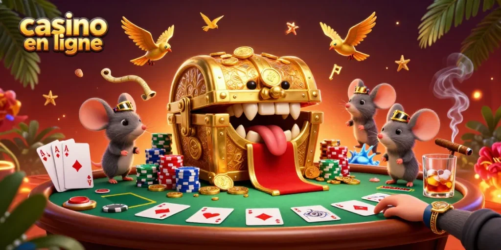 Casino en ligne : compétition autour d'une table de poker avec un coffre et des souris aventurières.