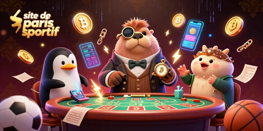 Déplacez-vous sur le site de paris sportif avec une illustration 3D colorée de personnages animés jouant à des jeux de paris.