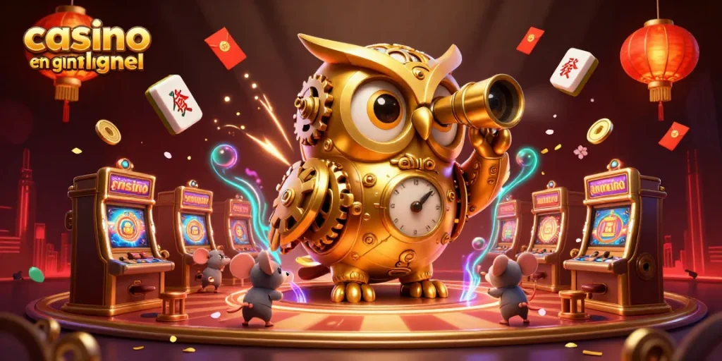 Explorez le casino en ligne argent réel avec un hibou doré et des machines à sous scintillantes