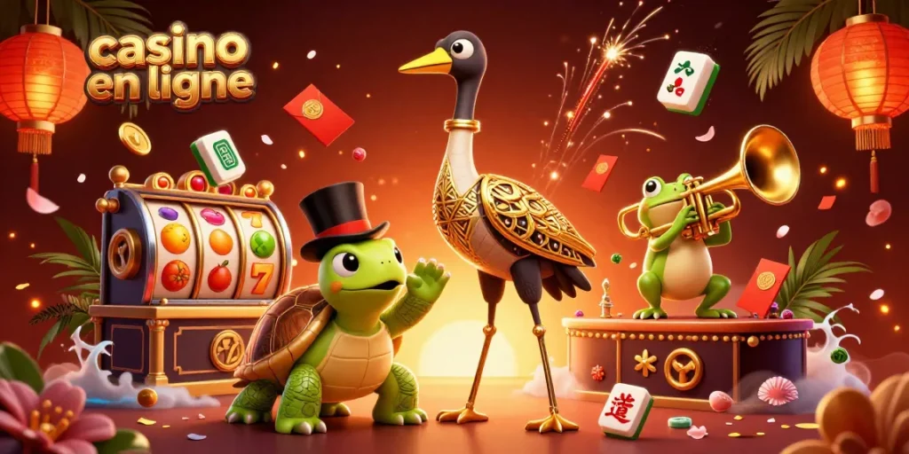 Profitez de l'excitation du casino en ligne avec des personnages amusants dans une illustration colorée.