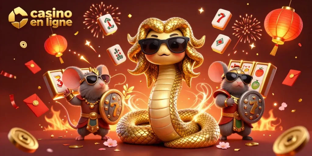 Jouez à casino en ligne avec la Medusa en 3D et le guerrier souris dans cette scène festive.