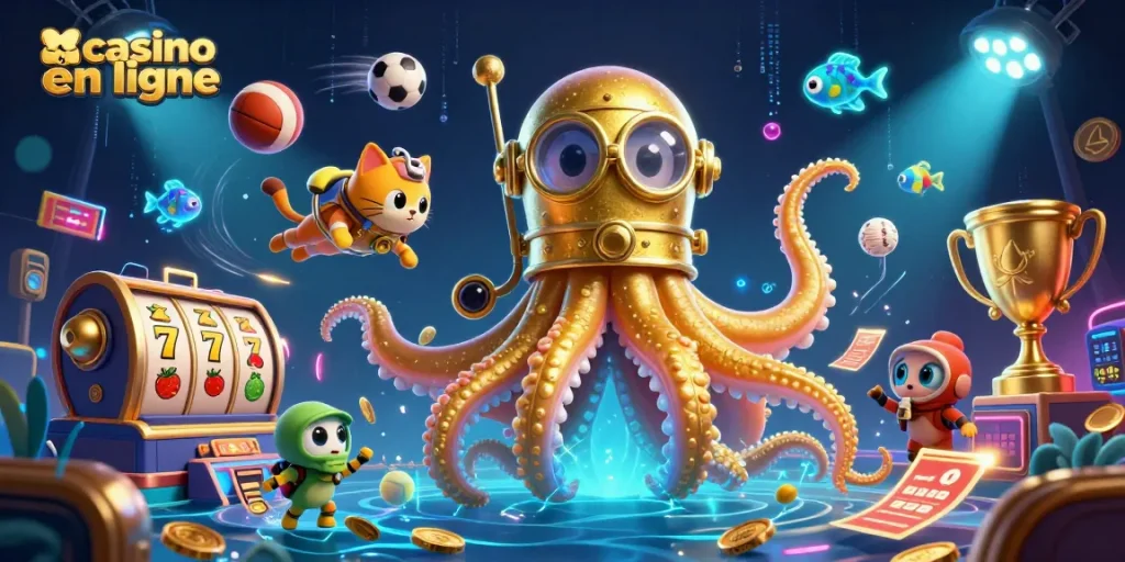 Activer des gains impressionnants dans un casino en ligne avec un kraken et un chat plongeant entourés d'éléments de jeu dynamiques.