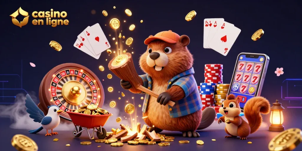 Profitez d'un casino en ligne dynamique avec un castor, un oiseau et un écureuil récoltant des pièces d'or.