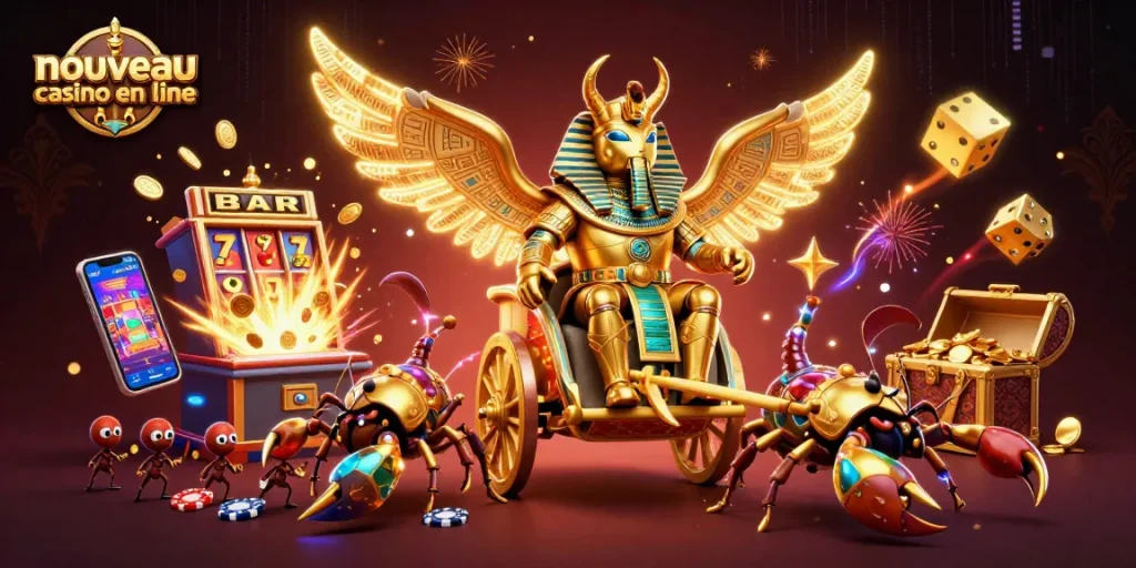 Description d'illustration 3D colorée mettant en scène un scarabée doré et des symboles de casino, représentant l'expérience d'un nouveau casino en ligne.